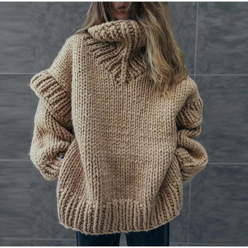 Women's Thick Knit Fold-Over Turtleneck Sweater with Roomy Sleeves - Brown