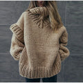 Women's Thick Knit Fold-Over Turtleneck Sweater with Roomy Sleeves - Brown