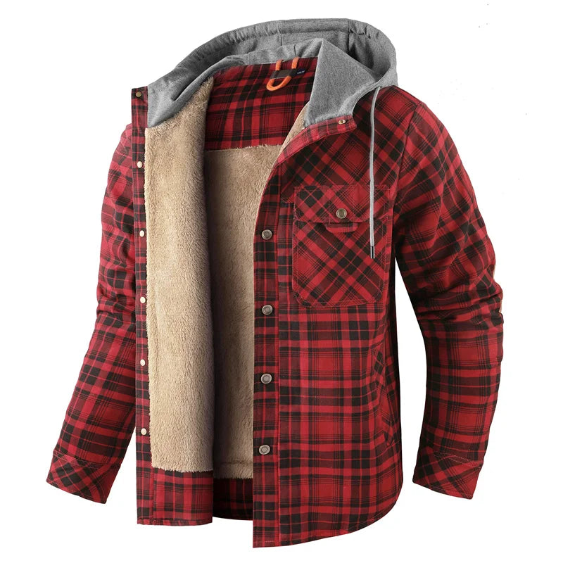 Men's Cozy Fleece-Lined Plaid Jacket with Attached Hood - Red