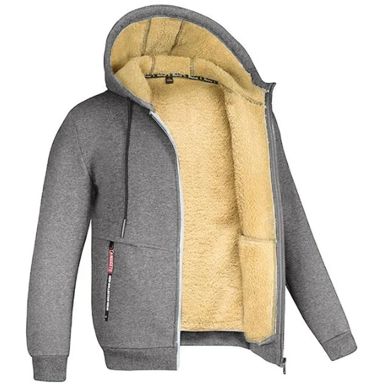 Men's Full-Zip Hooded Plush Fleece Jacket with Ribbed Trim - Gray
