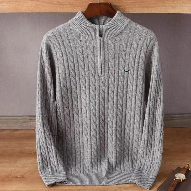 Men's Half-Zip Merino Wool Sweater with Mid-Height Collar - Gray
