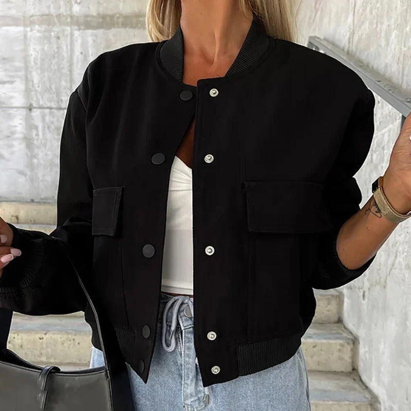 Women's Everyday Cropped Bomber with Rib Trims and Flap Pockets
