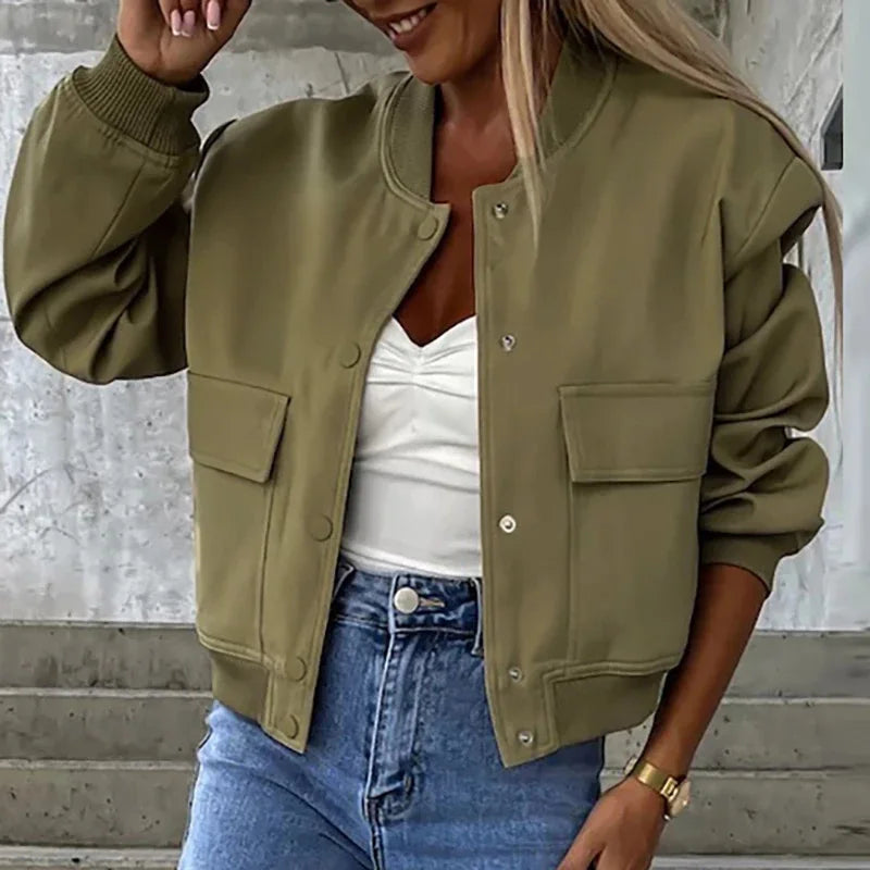 Women's Everyday Cropped Bomber with Rib Trims and Flap Pockets