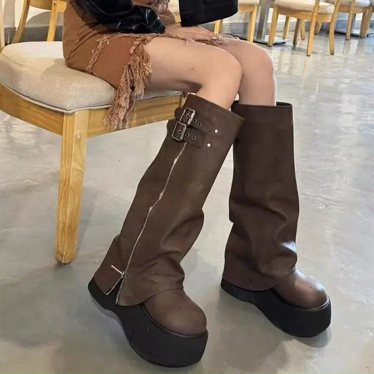 Women's Slouchy Knee-High Platform Boots with Buckle Accents - Brown