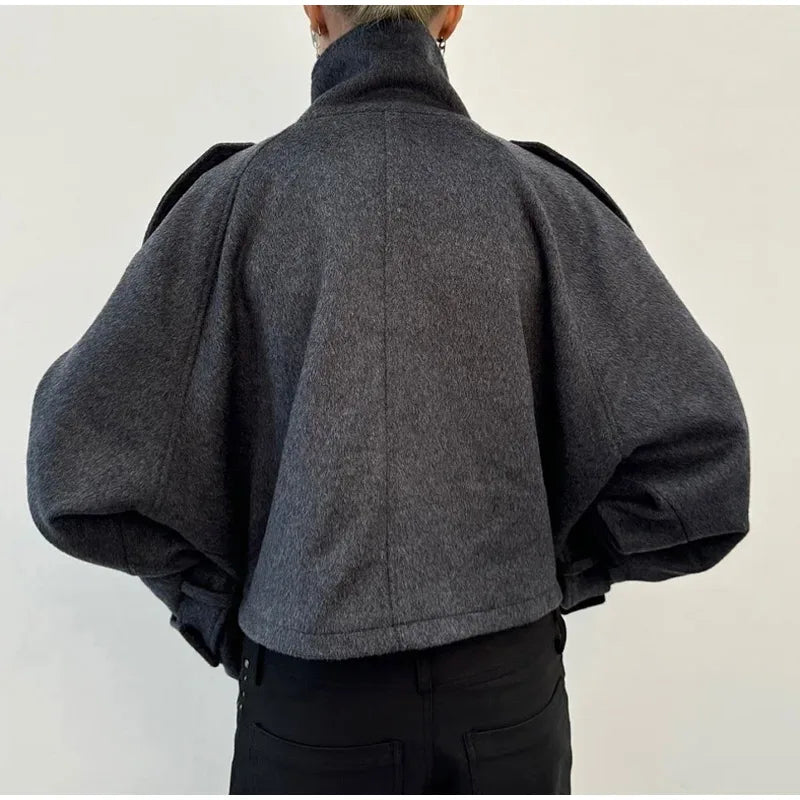 Women's Oversized Sculpted High-Neck Jacket with Epaulettes