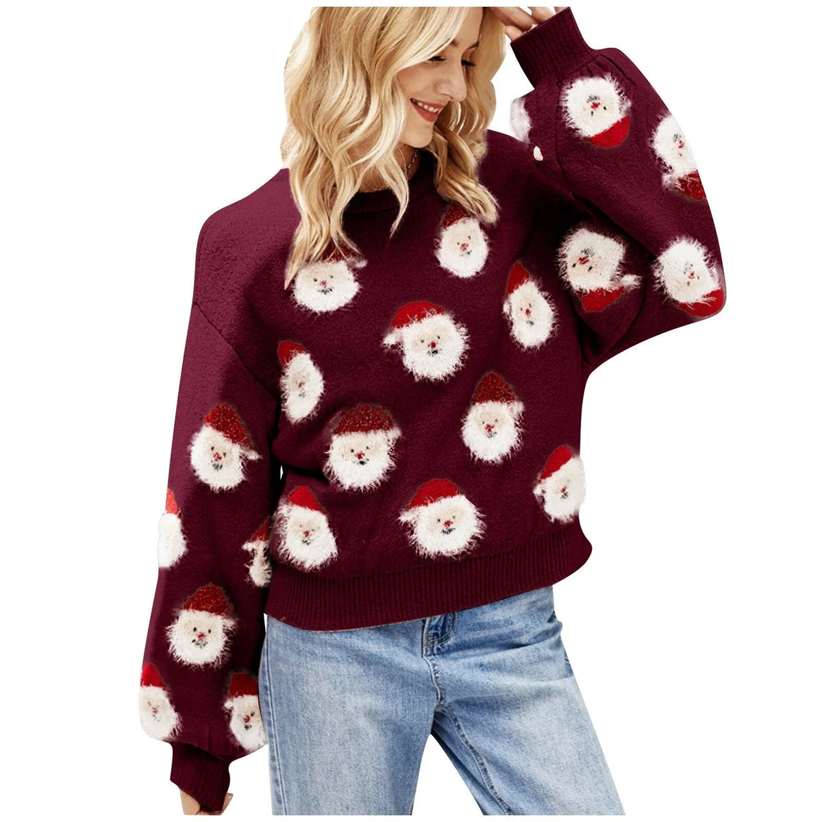 Women's All-Over Print Holiday Sweater in a Relaxed Fit - Wine Red