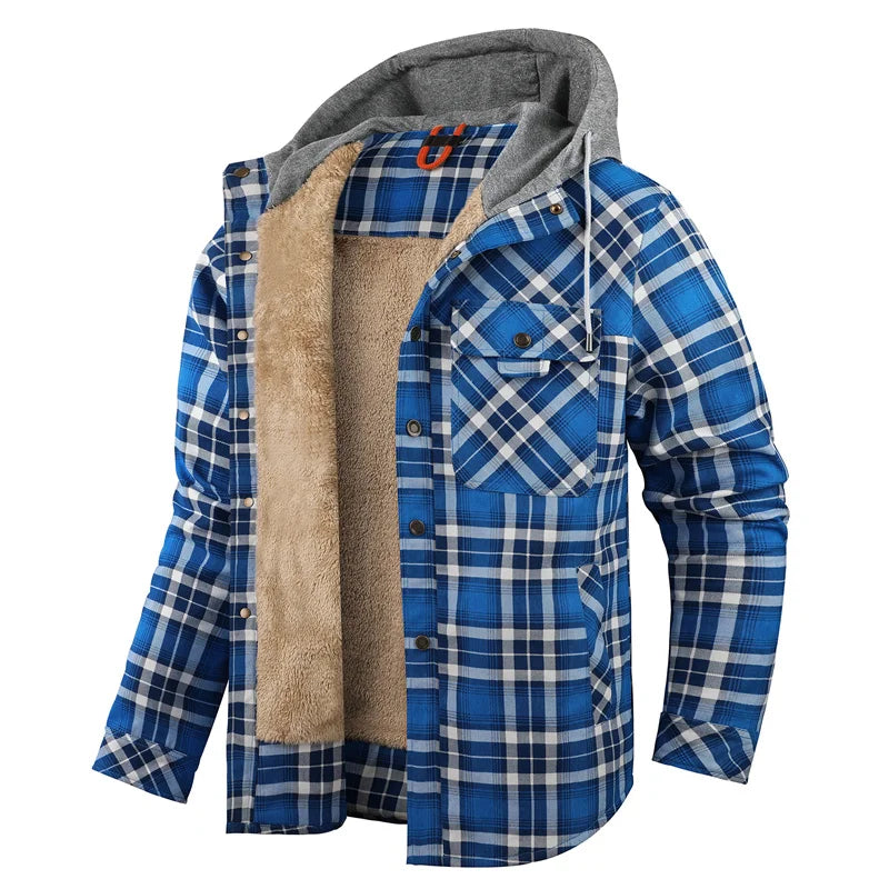 Men's Cozy Fleece-Lined Plaid Jacket with Attached Hood - Blue