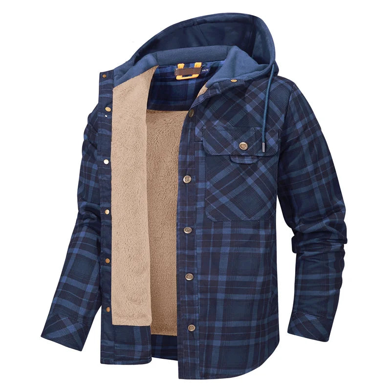 Men's Cozy Fleece-Lined Plaid Jacket with Attached Hood - Navy Blue