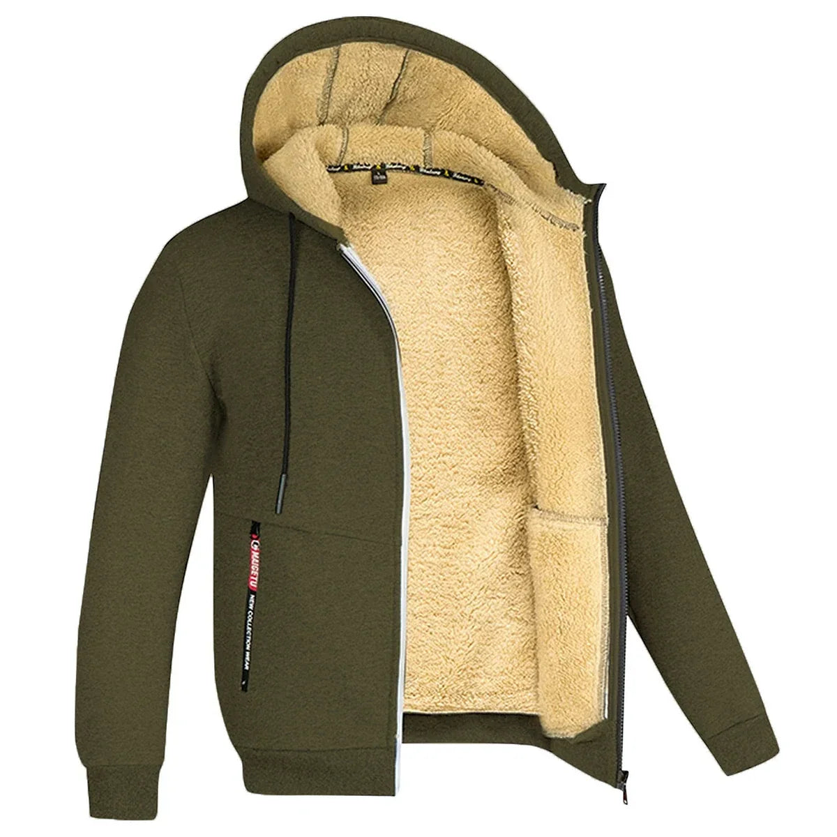 Men's Full-Zip Hooded Plush Fleece Jacket with Ribbed Trim - Olive Green