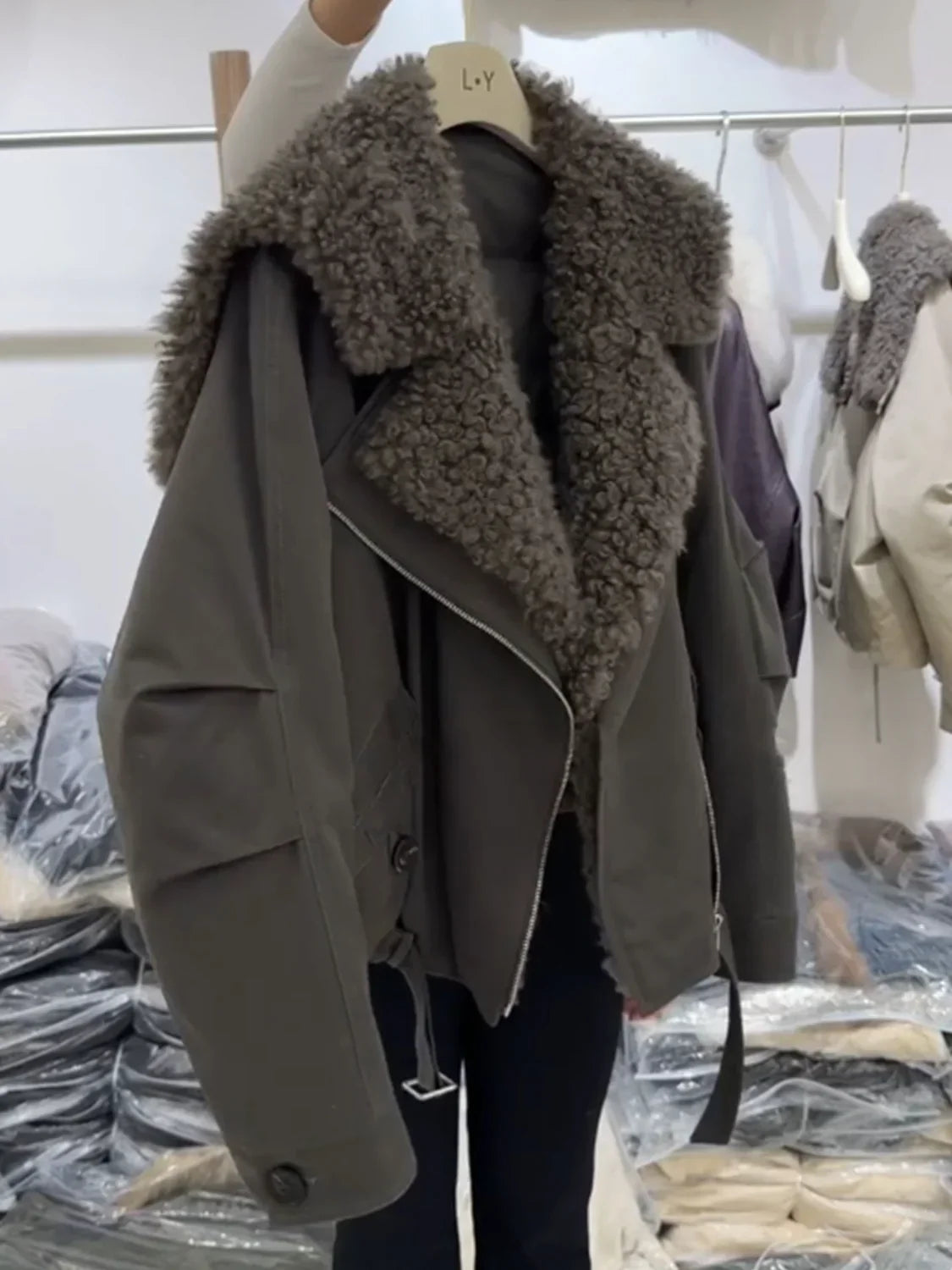 Women's Moto-Inspired Asymmetric-Zip Jacket with Faux-Fur Lapels