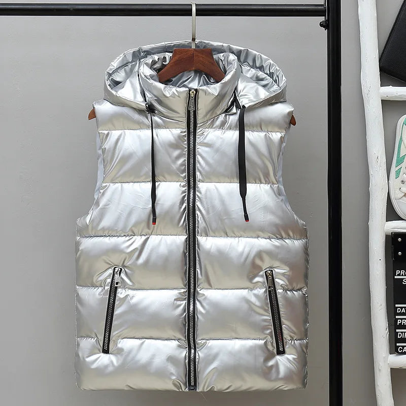 Men's Sleeveless Glossy Puffer Vest with Drawcord Hood - Silver A