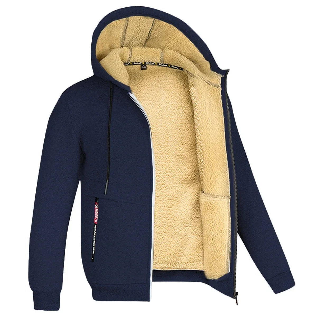 Men's Full-Zip Hooded Plush Fleece Jacket with Ribbed Trim - Navy