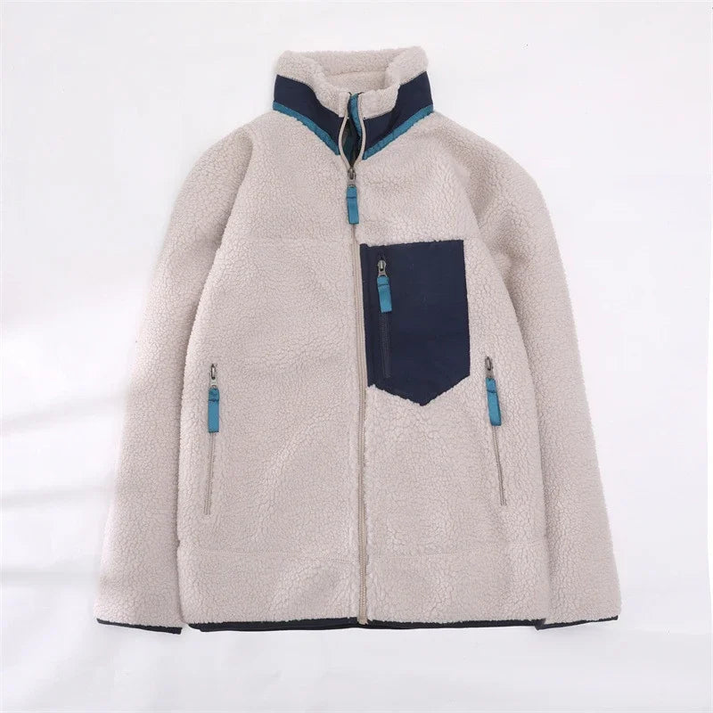 Women's Windproof High-Neck Sherpa Fleece with Contrast Zip Pockets - White