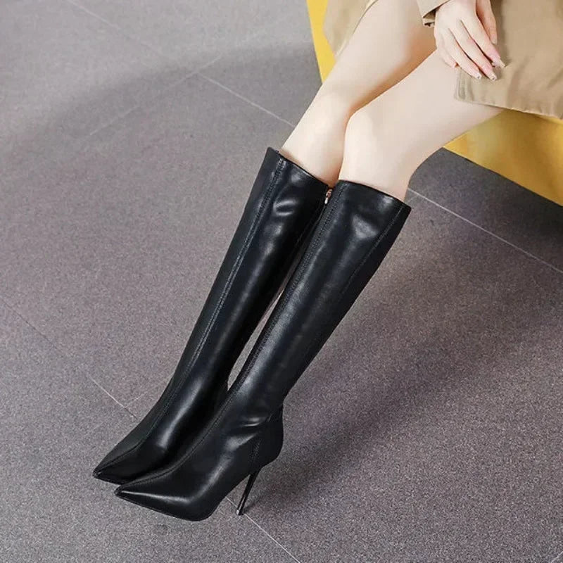 Women's Smooth Leather-Look Knee-High Dress Boots with Stiletto Heel