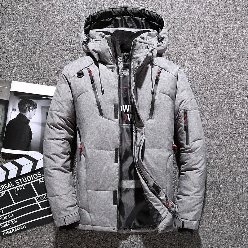 Men's Streamlined Hooded Puffer with Down Fill and Zip Pockets - Light Gray