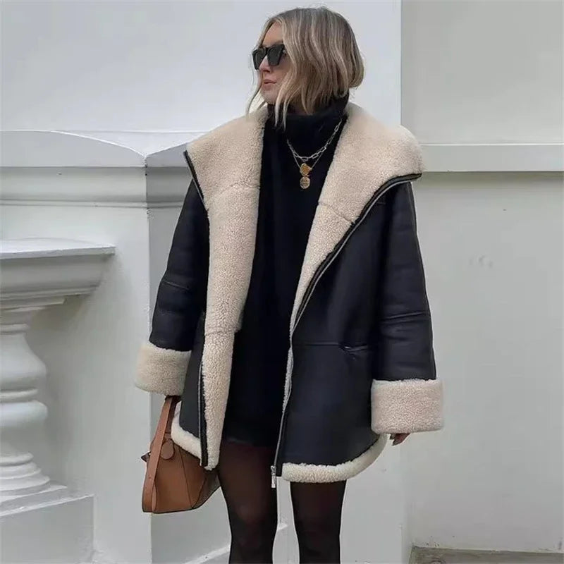 Women's Shearling-Style Faux Leather Jacket with Wide Plush Collar