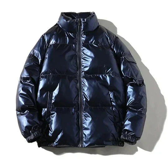 Men's Metallic Waterproof Winter Puffer with High Neck - Navy Blue B