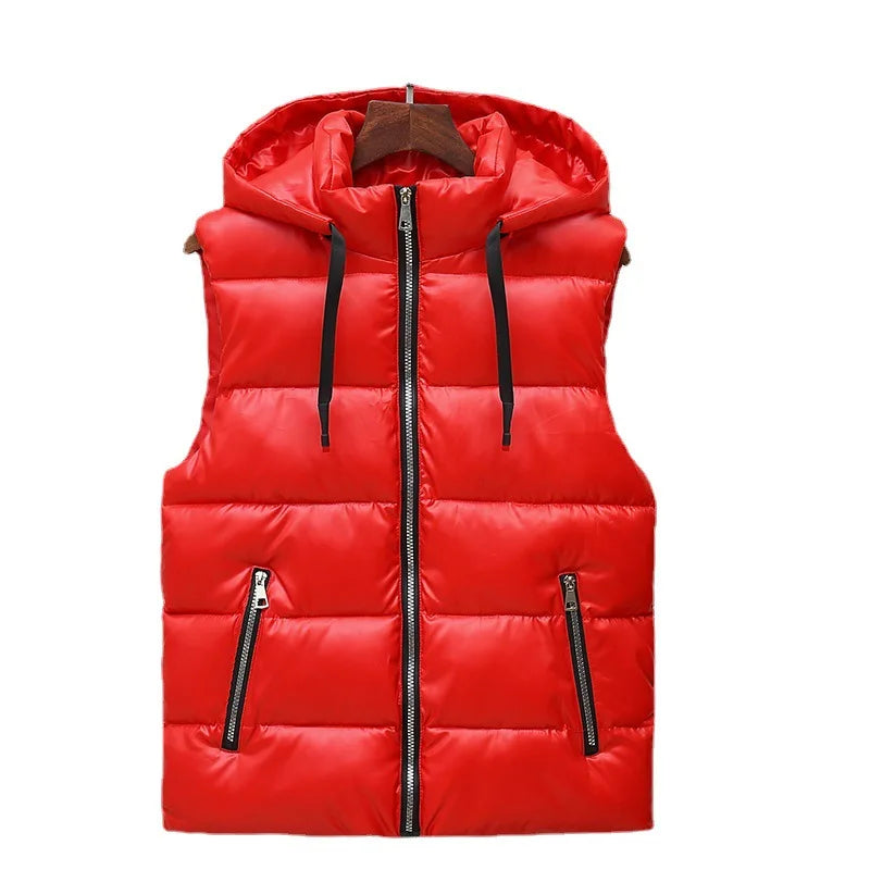 Men's Sleeveless Glossy Puffer Vest with Drawcord Hood