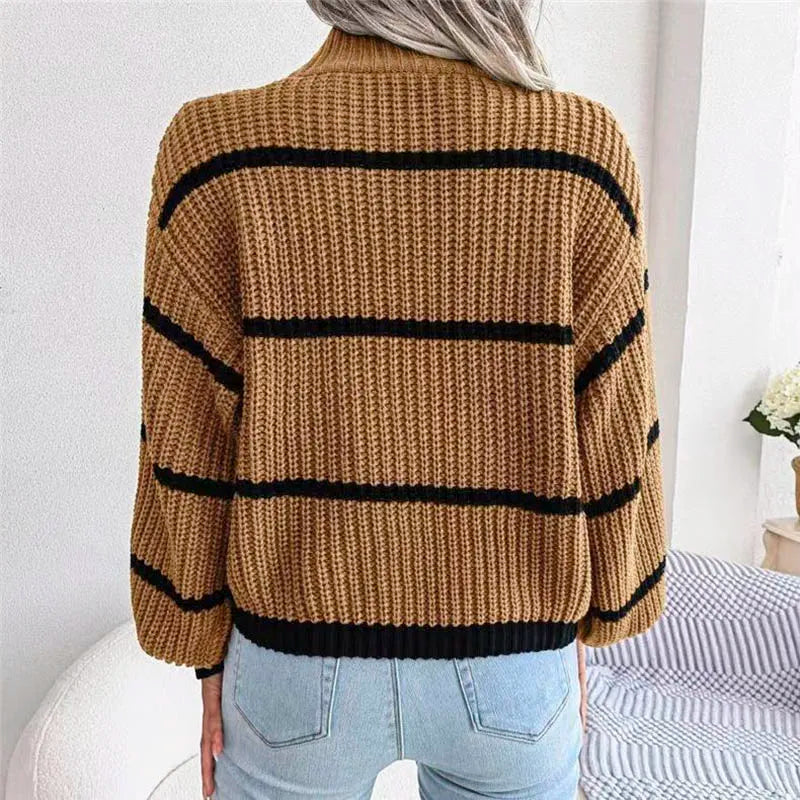 Women's Relaxed Striped Knit Sweater with Ribbed High Neck