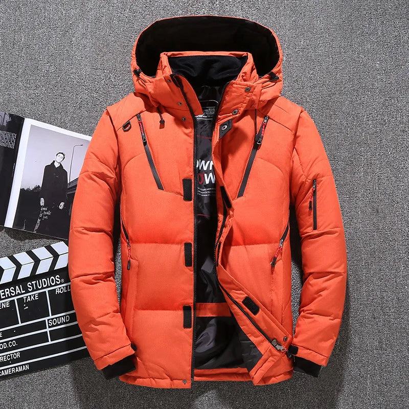 Men's Streamlined Hooded Puffer with Down Fill and Zip Pockets - Orange