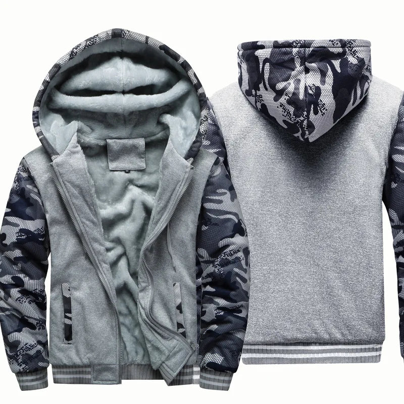 Men's Full-Zip Hooded Plush Fleece Jacket with Ribbed Trim - Gray Camo Sleeve