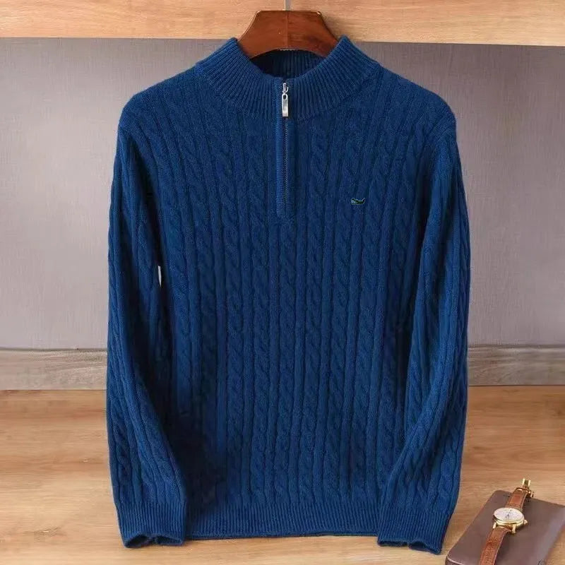 Men's Half-Zip Merino Wool Sweater with Mid-Height Collar - Navy Blue
