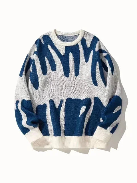 Men's Textured Crew-Neck Sweater with Ribbed Cuffs and Hem - White Blue