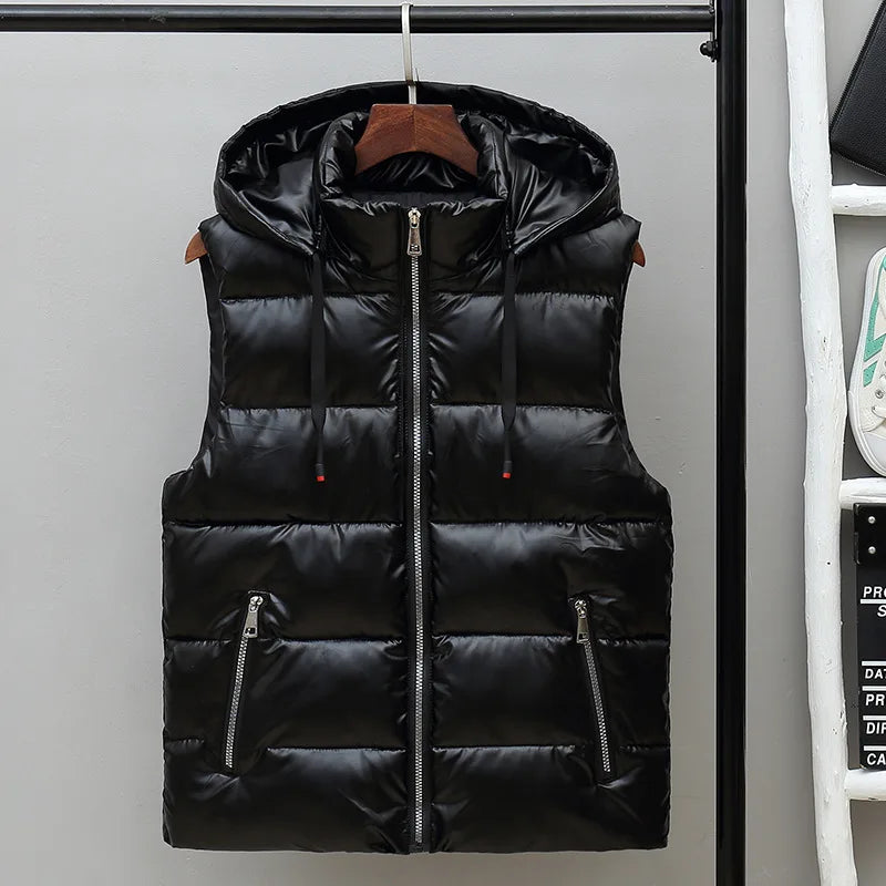 Men's Sleeveless Glossy Puffer Vest with Drawcord Hood - Black