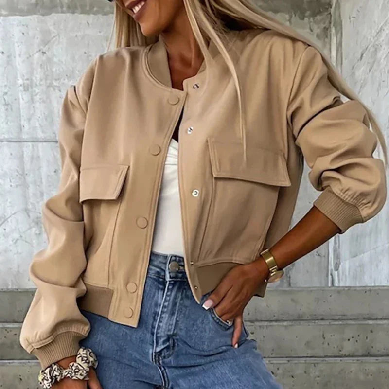 Women's Everyday Cropped Bomber with Rib Trims and Flap Pockets