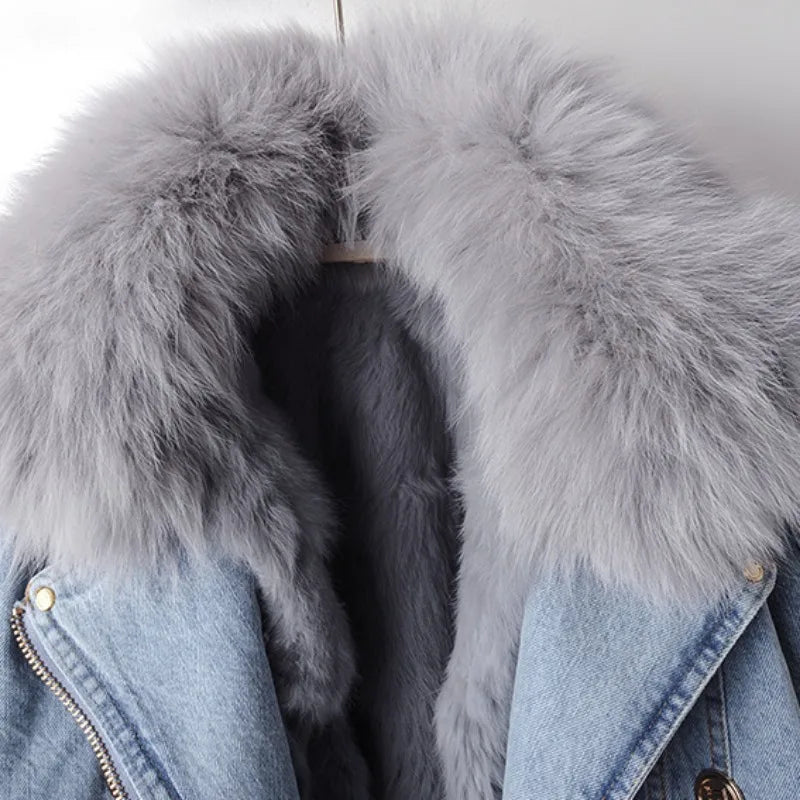Women's Cropped Denim Moto Jacket with Faux Fur Collar and Belt