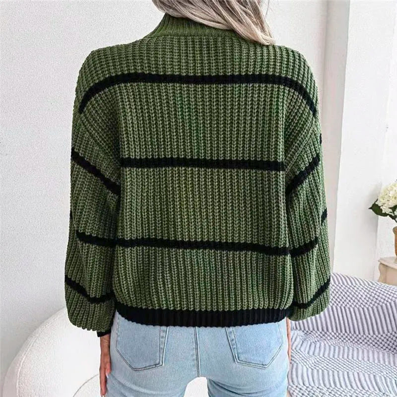 Women's Relaxed Striped Knit Sweater with Ribbed High Neck