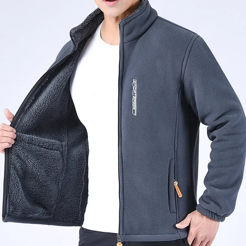 Men's Relaxed Full-Zip Polar Fleece Jacket with High Collar - Gray