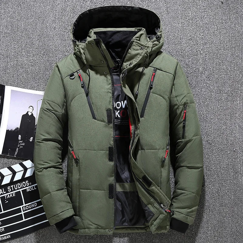 Men's Streamlined Hooded Puffer with Down Fill and Zip Pockets - Olive Green