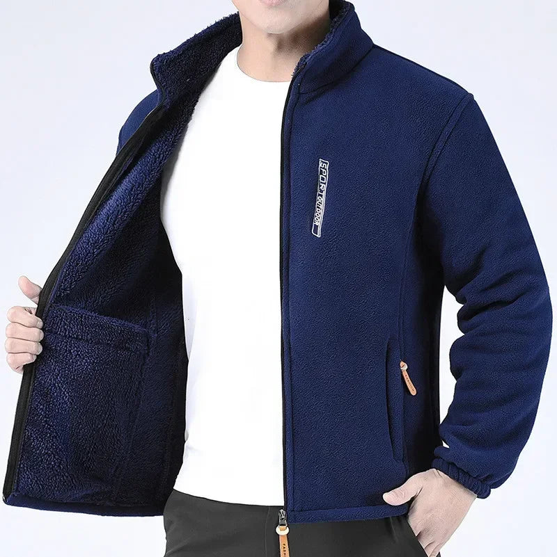 Men's Relaxed Full-Zip Polar Fleece Jacket with High Collar - Dark Blue