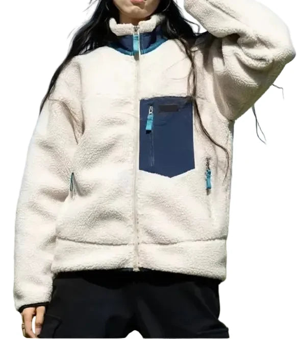 Women's Windproof High-Neck Sherpa Fleece with Contrast Zip Pockets