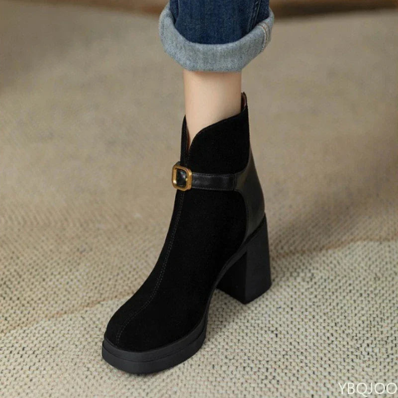 Women's Workday Chunky Heel Booties with Buckle Strap - Black