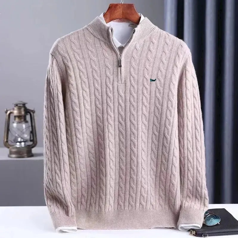 Men's Half-Zip Merino Wool Sweater with Mid-Height Collar - Camel
