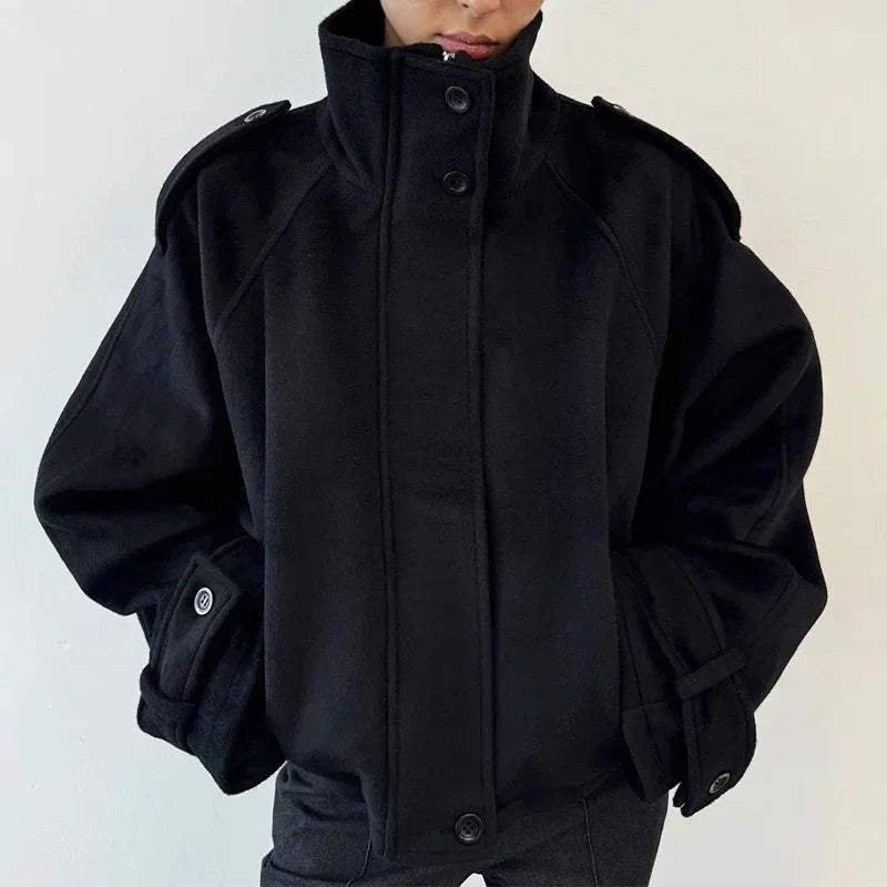 Women's Oversized Sculpted High-Neck Jacket with Epaulettes - Black A