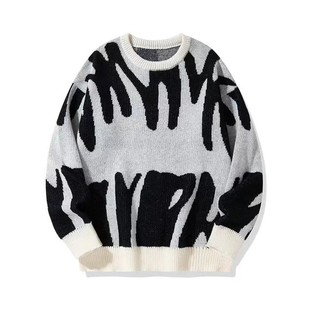 Men's Textured Crew-Neck Sweater with Ribbed Cuffs and Hem - White Black