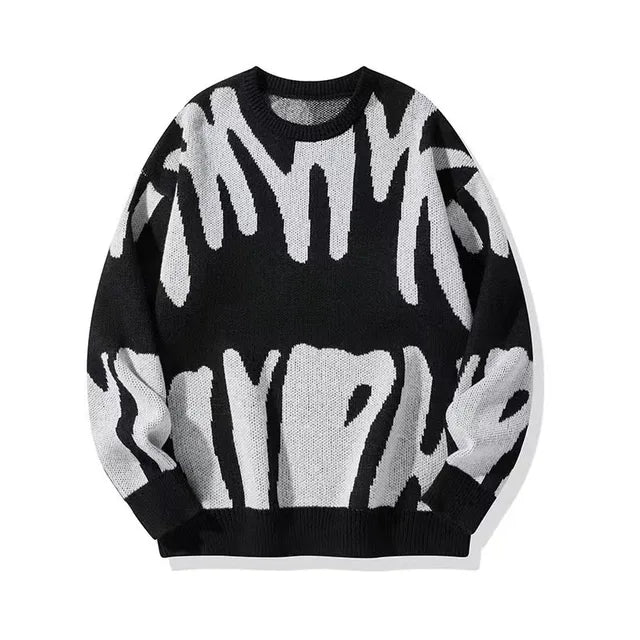 Men's Textured Crew-Neck Sweater with Ribbed Cuffs and Hem - Black White