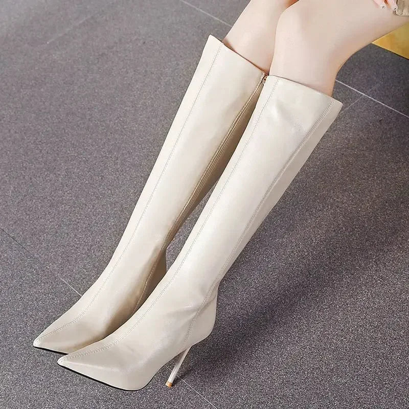 Women's Smooth Leather-Look Knee-High Dress Boots with Stiletto Heel
