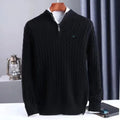 Men's Half-Zip Merino Wool Sweater with Mid-Height Collar - Black