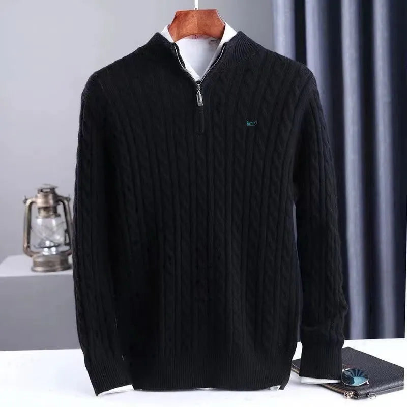 Men's Half-Zip Merino Wool Sweater with Mid-Height Collar - Black