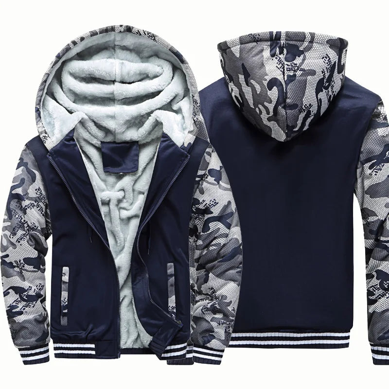 Men's Full-Zip Hooded Plush Fleece Jacket with Ribbed Trim - Navy Camo Sleeve