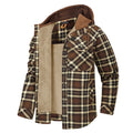Men's Cozy Fleece-Lined Plaid Jacket with Attached Hood - Brown