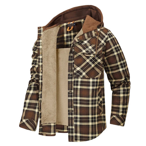 Men's Cozy Fleece-Lined Plaid Jacket with Attached Hood - Brown