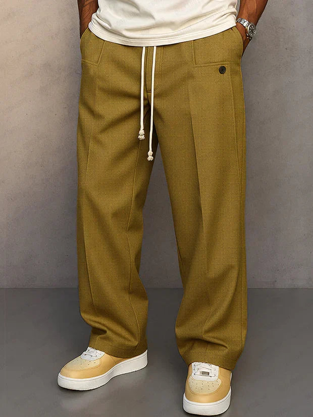 Men's Lightweight Drawstring Pants with Pressed Front Crease - Khaki