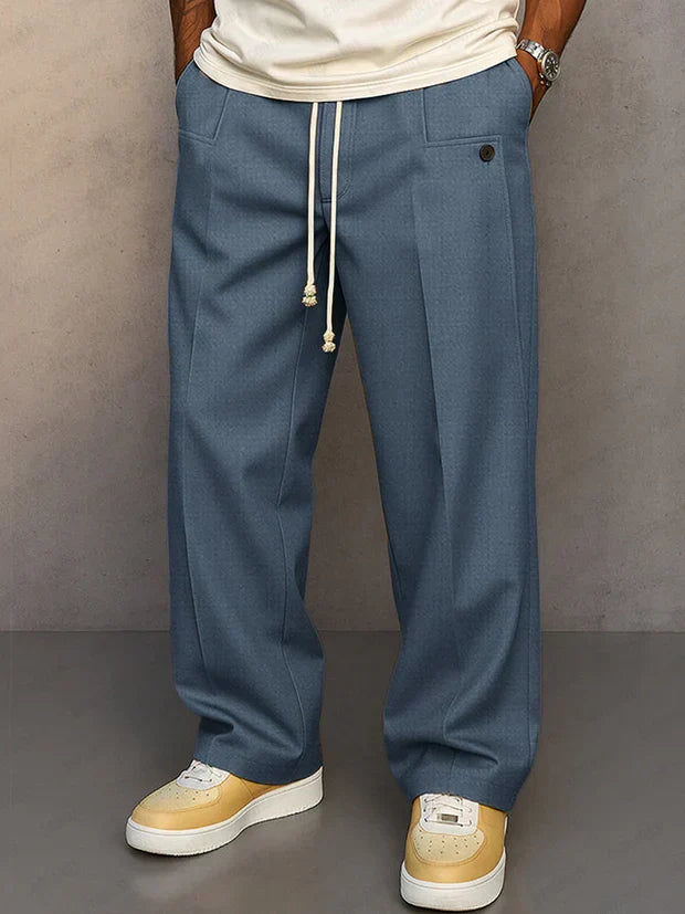 Men's Lightweight Drawstring Pants with Pressed Front Crease - Blue