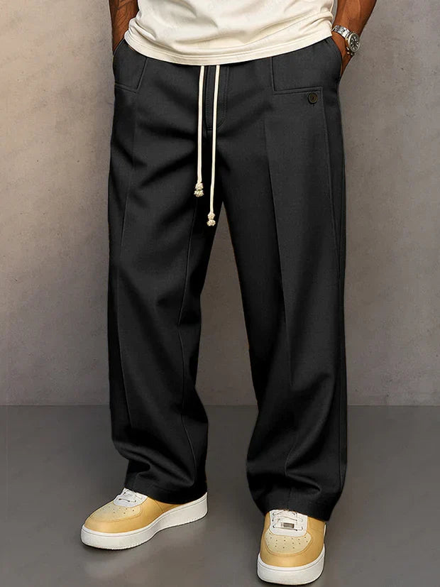 Men's Lightweight Drawstring Pants with Pressed Front Crease - Black