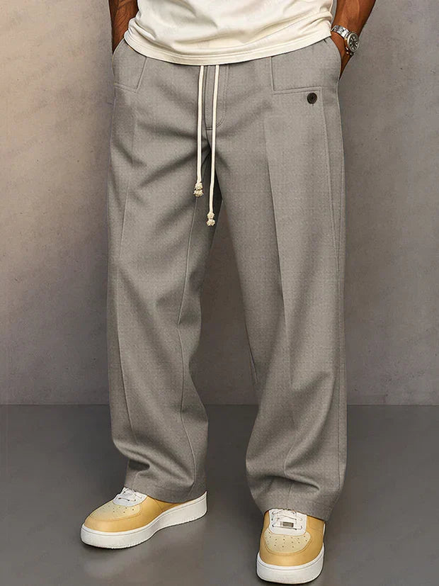 Men's Lightweight Drawstring Pants with Pressed Front Crease - Light Gray
